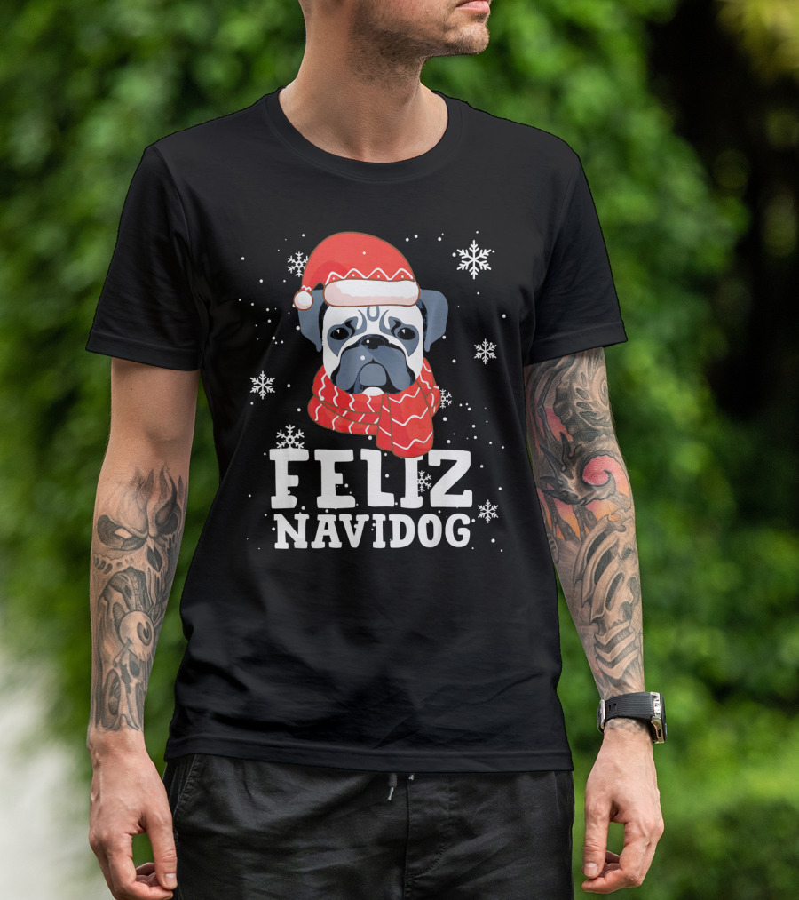 Feliz Navidog Pug Dog With Santa Hat And Scarf Snowflakes T-Shirt