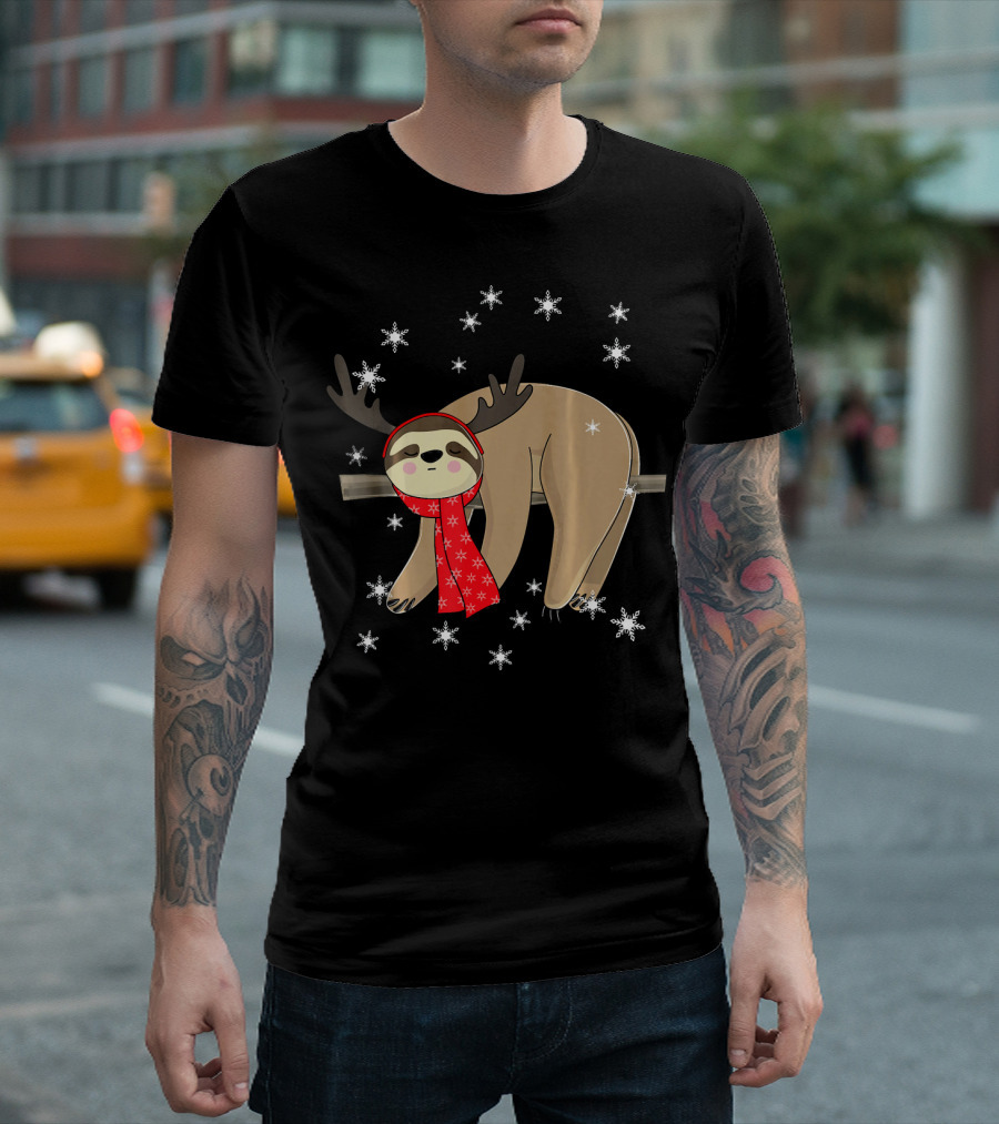 Funny Christmas Sloth Cute Sloth with Antlers and Red Scarf Surrounded by Snowflakes T-Shirt