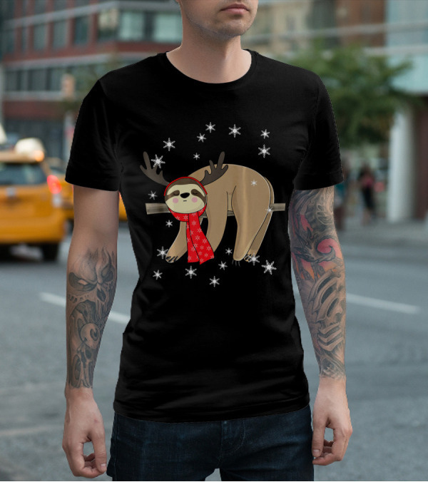 Funny Christmas Sloth Cute Sloth With Antlers And Red Scarf Surrounded By Snowflakes T-Shirt