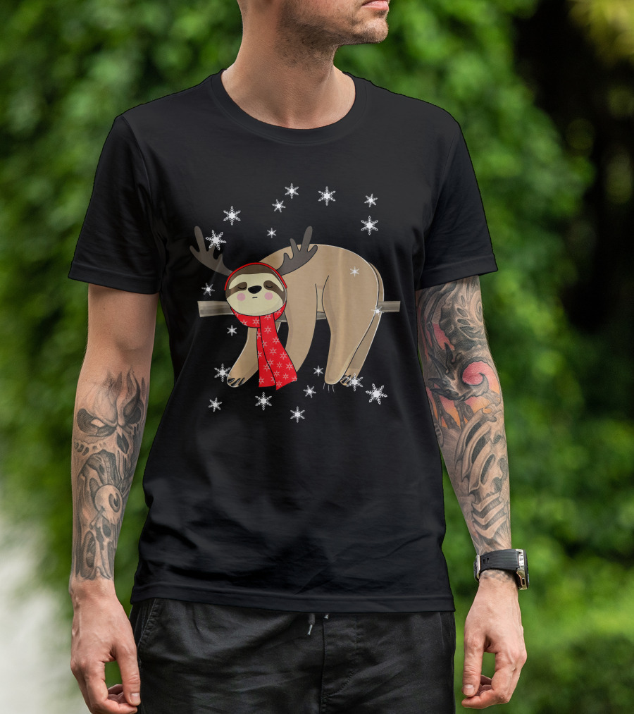Funny Christmas Sloth Cute Sloth With Antlers And Red Scarf Surrounded By Snowflakes T-Shirt