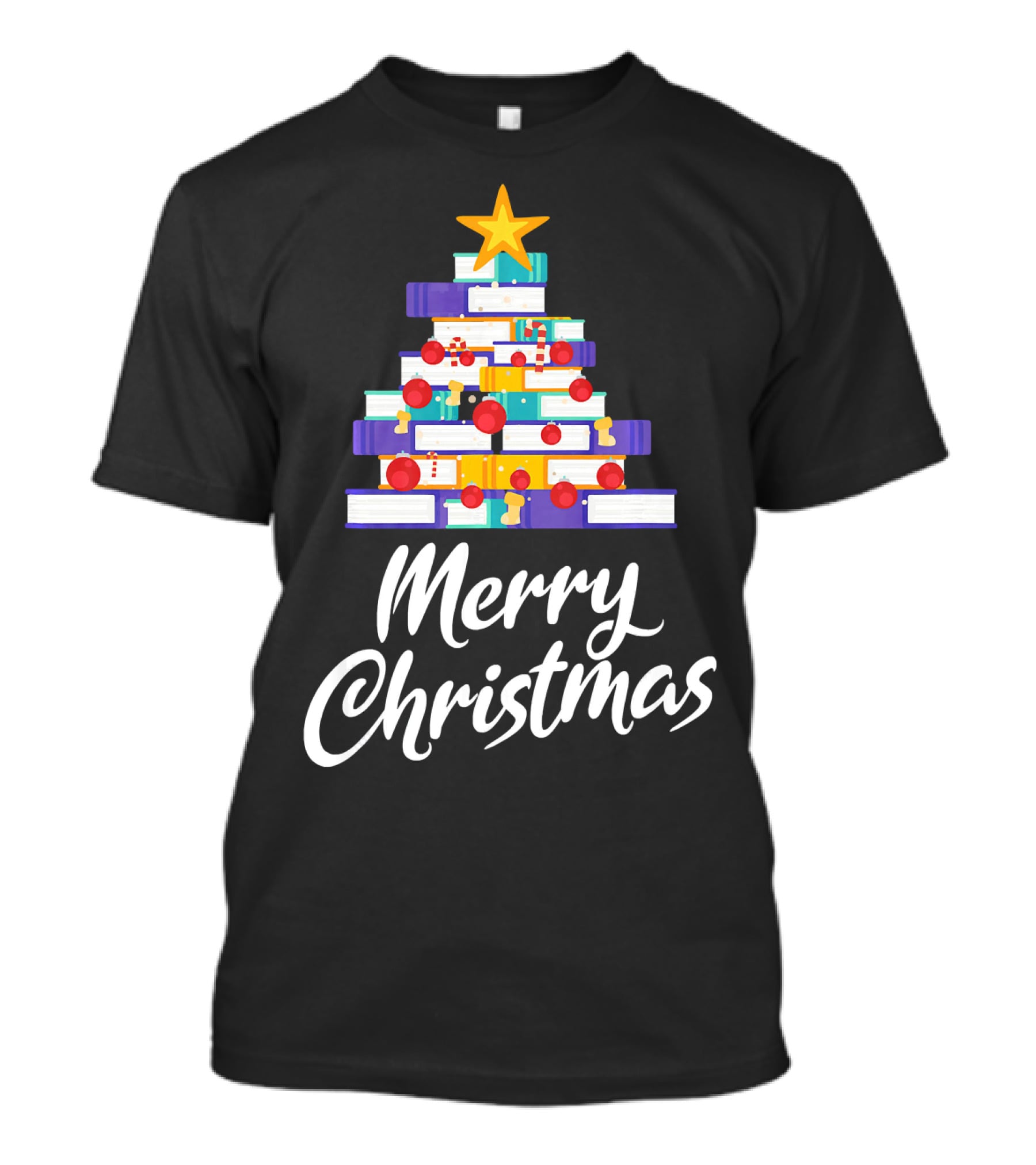 Merry Christmas Tree Stack Of Books Holiday Decor T-Shirt