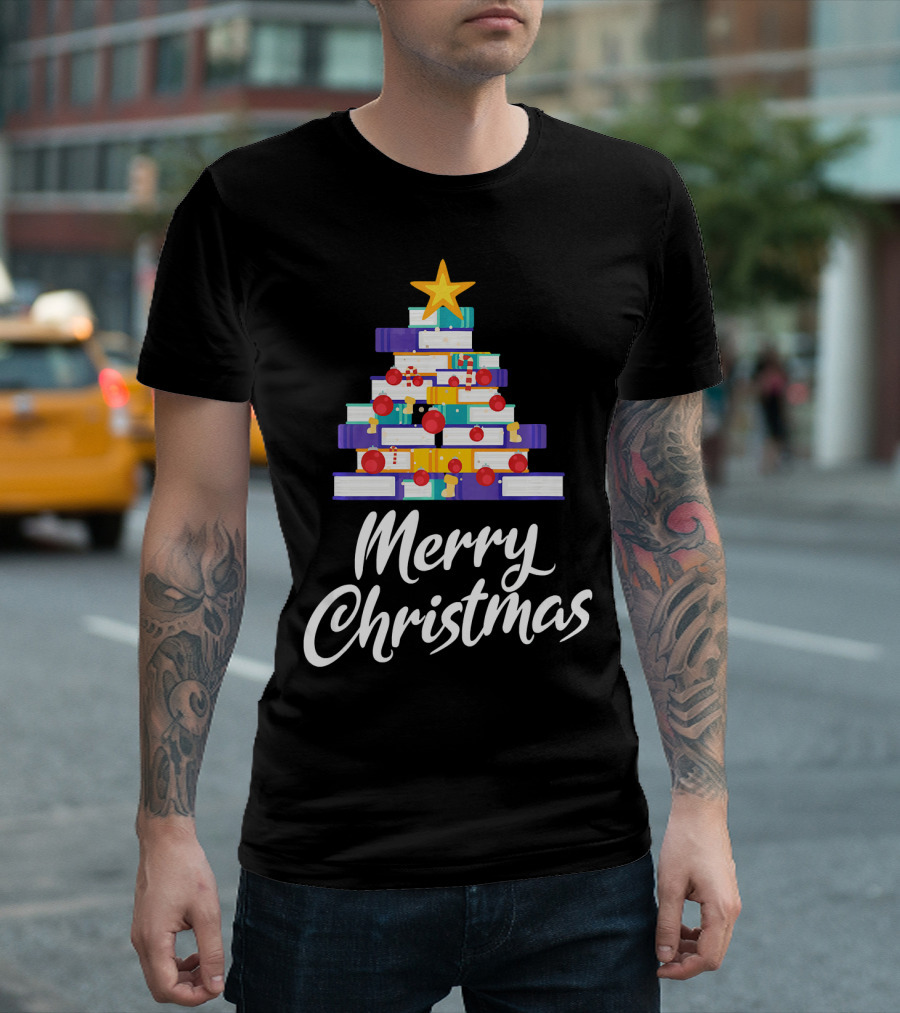 Merry Christmas Tree Stack of Books Holiday Decor T-Shirt
