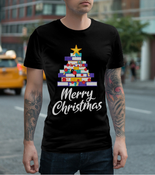Merry Christmas Tree Stack Of Books Holiday Decor T-Shirt