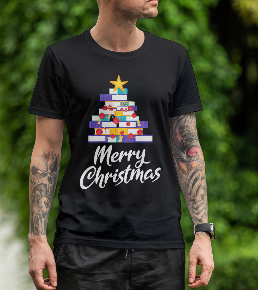 Merry Christmas Tree Stack Of Books Holiday Decor T-Shirt
