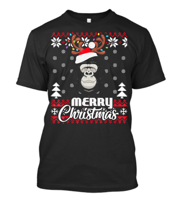 Gorilla Santa Hat Antler Merry Christmas UglySt T-Shirt