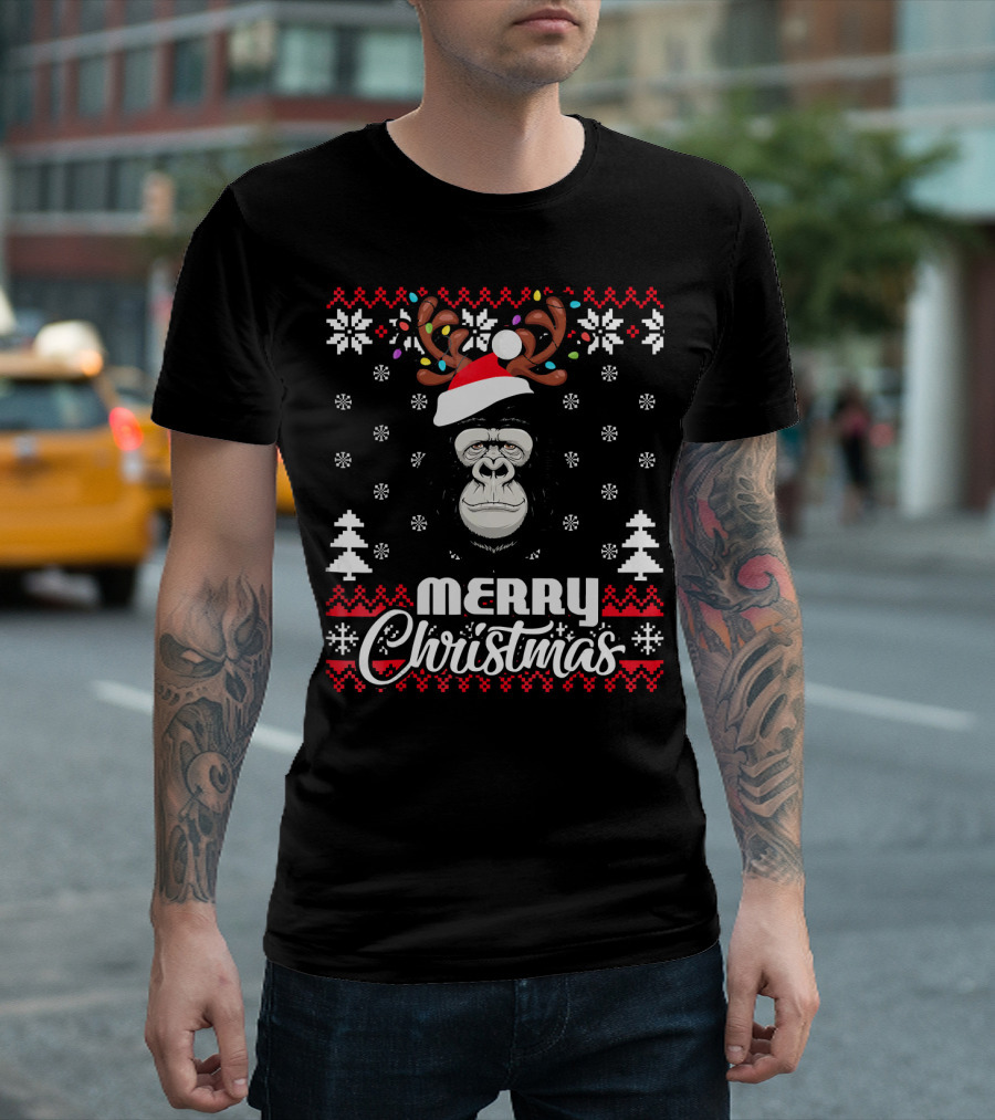 Gorilla Santa Hat Antler Merry Christmas UglySt T-Shirt
