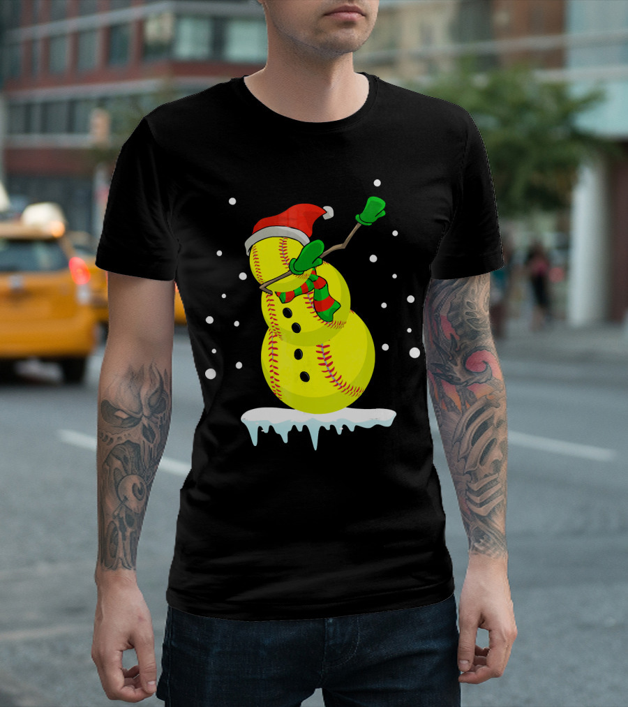 Dabbing Snowman Softball Christmas Fun T-Shirt