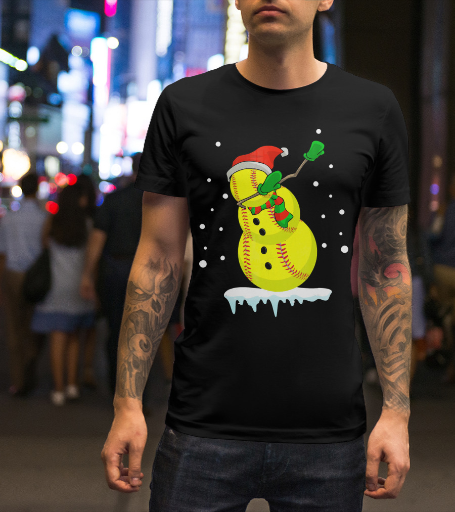 Dabbing Snowman Softball Christmas Fun T-Shirt