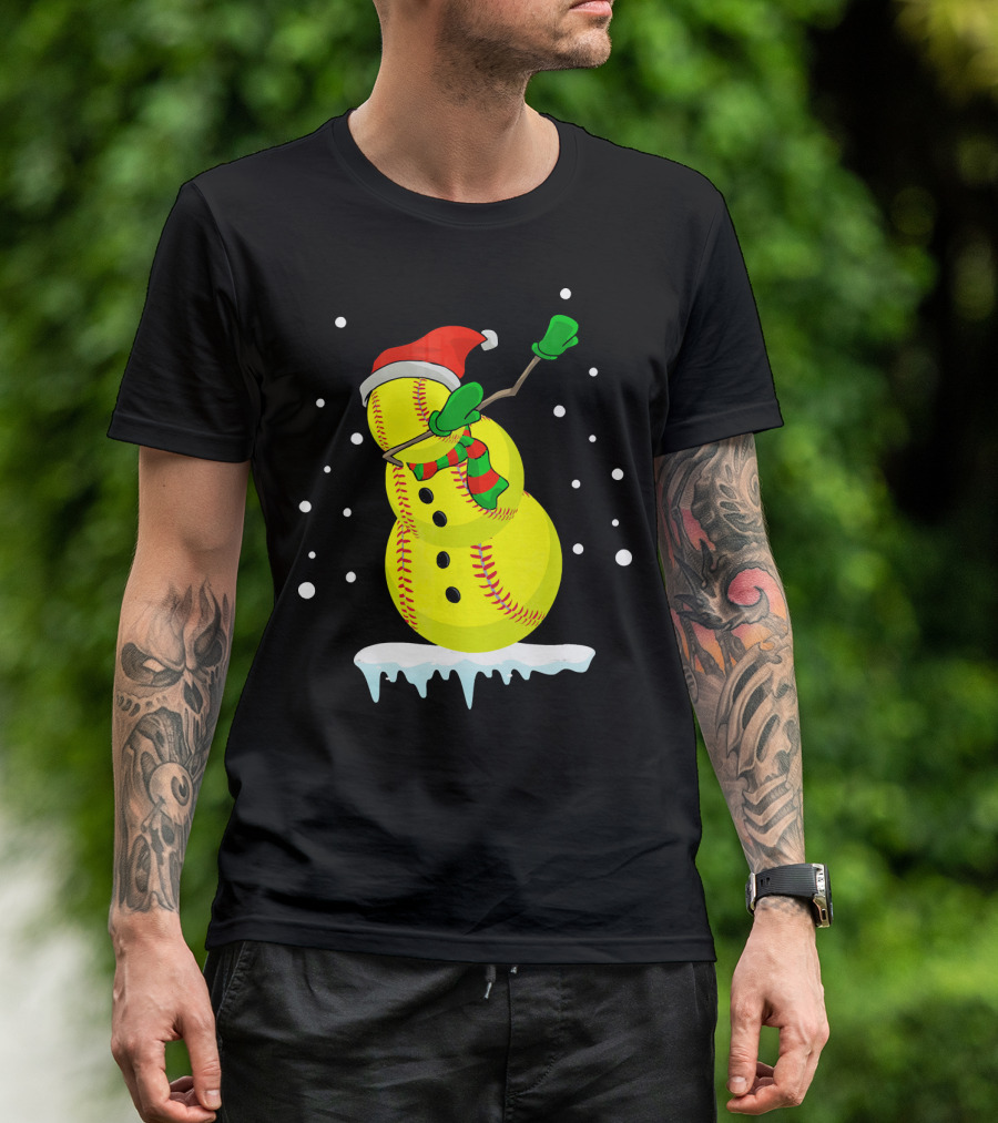 Dabbing Snowman Softball Christmas Fun T-Shirt