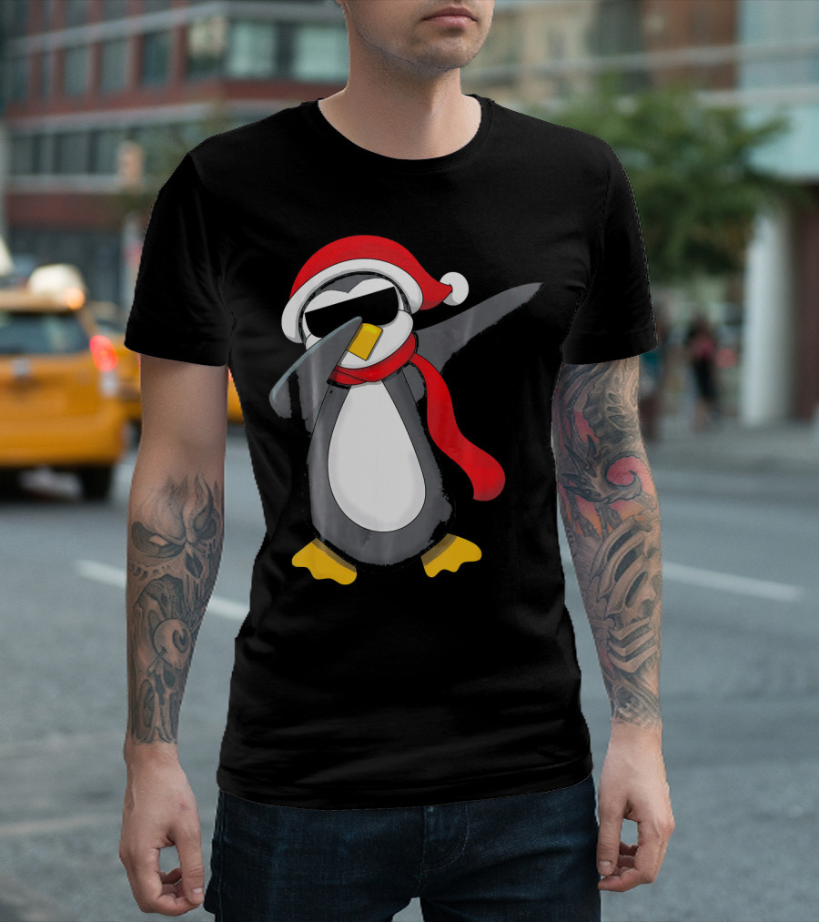 Dabbing Penguin Christmas Mornin Santa Hat Scarf Holiday Fun T-Shirt