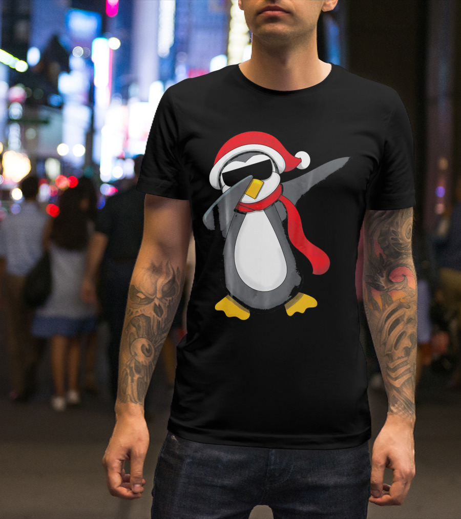 Dabbing Penguin Christmas Mornin Santa Hat Scarf Holiday Fun T-Shirt