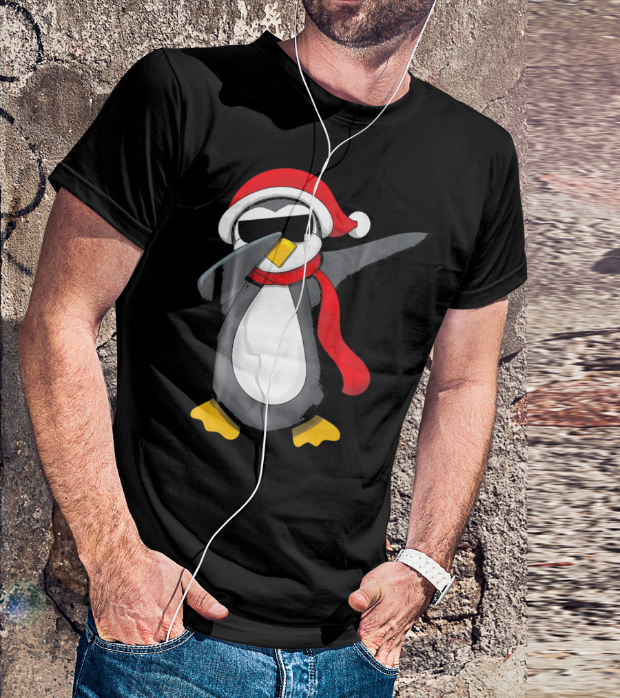 Dabbing Penguin Christmas Mornin Santa Hat Scarf Holiday Fun T-Shirt
