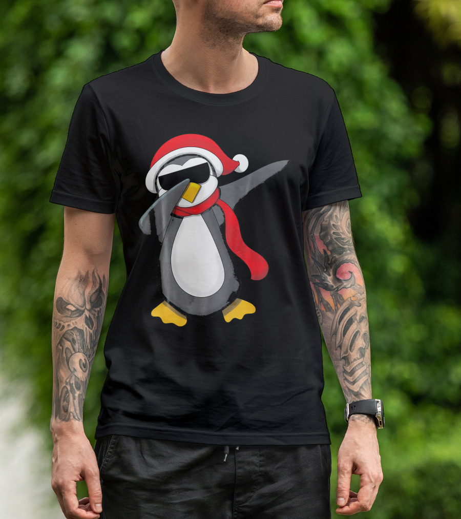 Dabbing Penguin Christmas Mornin Santa Hat Scarf Holiday Fun T-Shirt