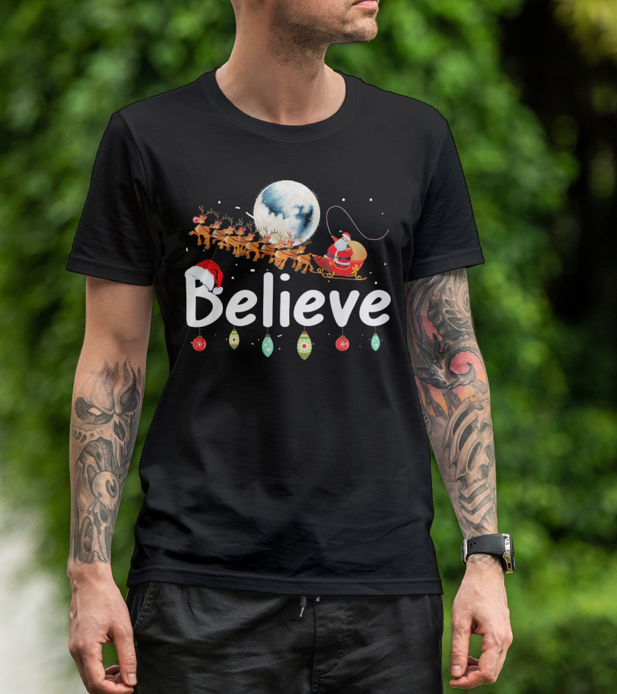 Believe Santa Sleigh Reindeer Moon Christmas Xmas T-Shirt
