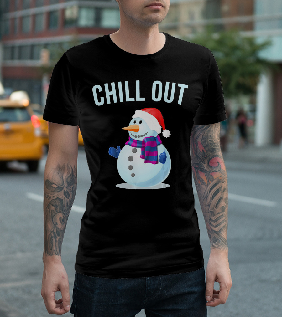 Chill Out Snowman Santa Hat and Scarf Winter Vibes T-Shirt