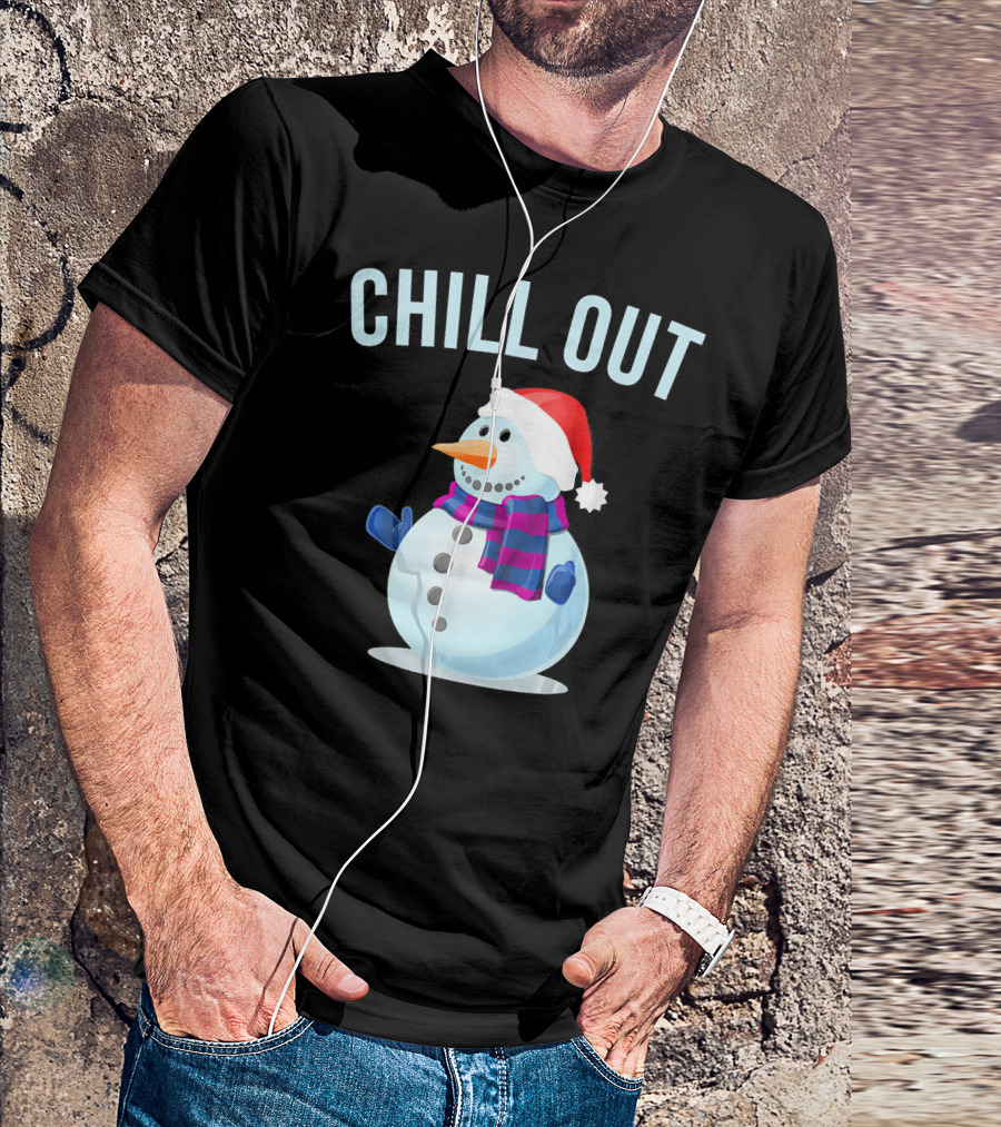 Chill Out Snowman Santa Hat And Scarf Winter Vibes T-Shirt