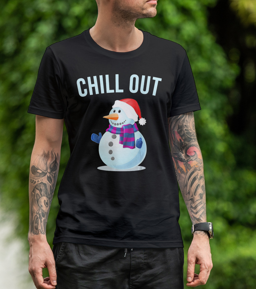 Chill Out Snowman Santa Hat And Scarf Winter Vibes T-Shirt