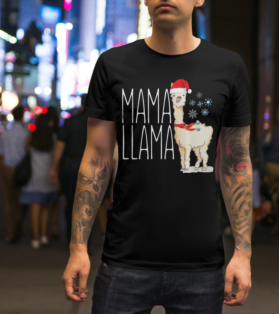 Mama Llama Christmas Snowflakes Santa Hat T-Shirt