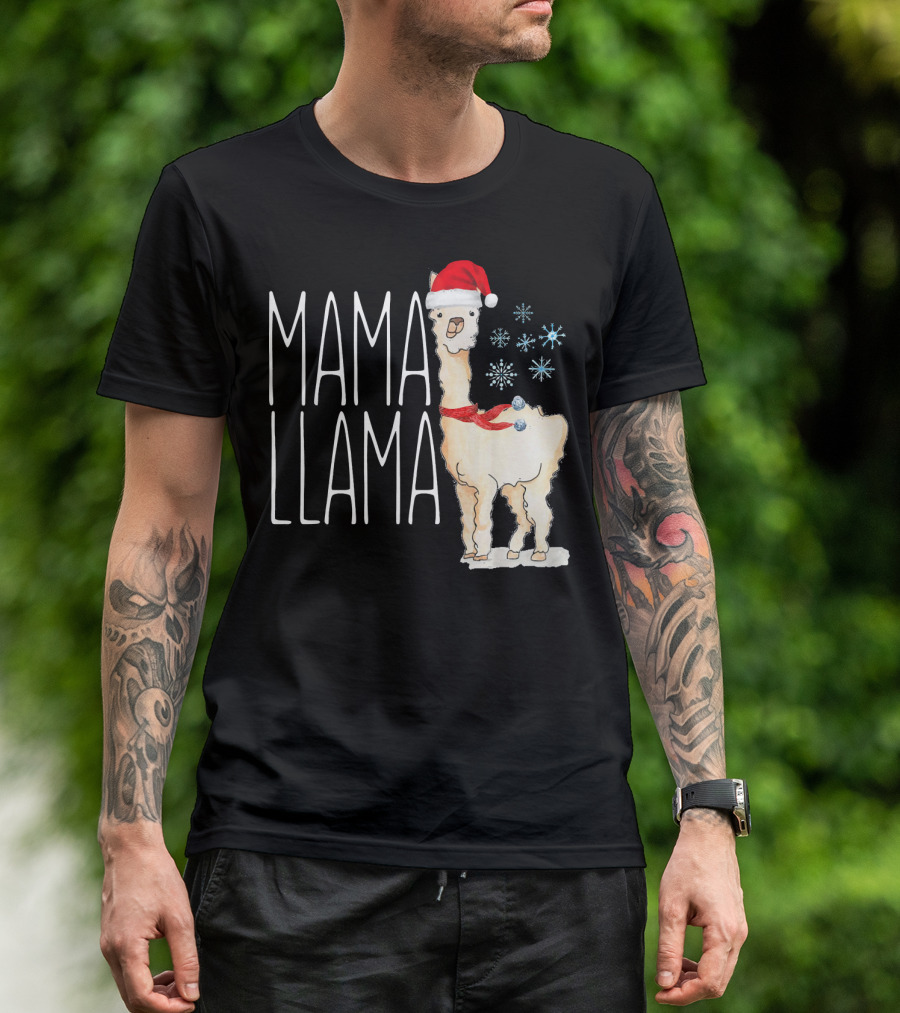Mama Llama Christmas Snowflakes Santa Hat T-Shirt