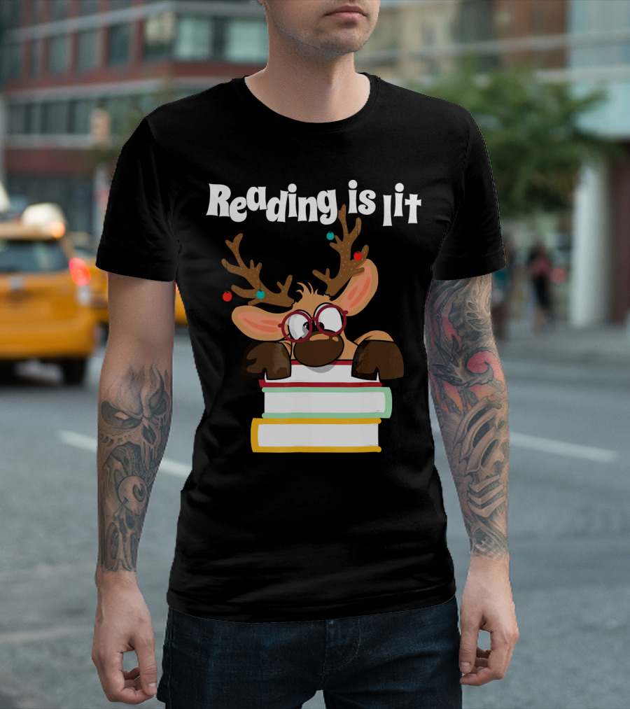Reading is Lit Reindeer with Books and Glasses T-Shirt