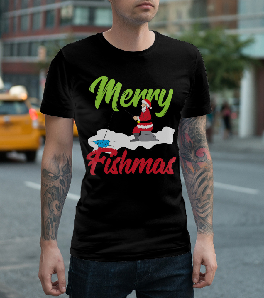 Merry Fishmas Santa Fishing Ice Hole T-Shirt