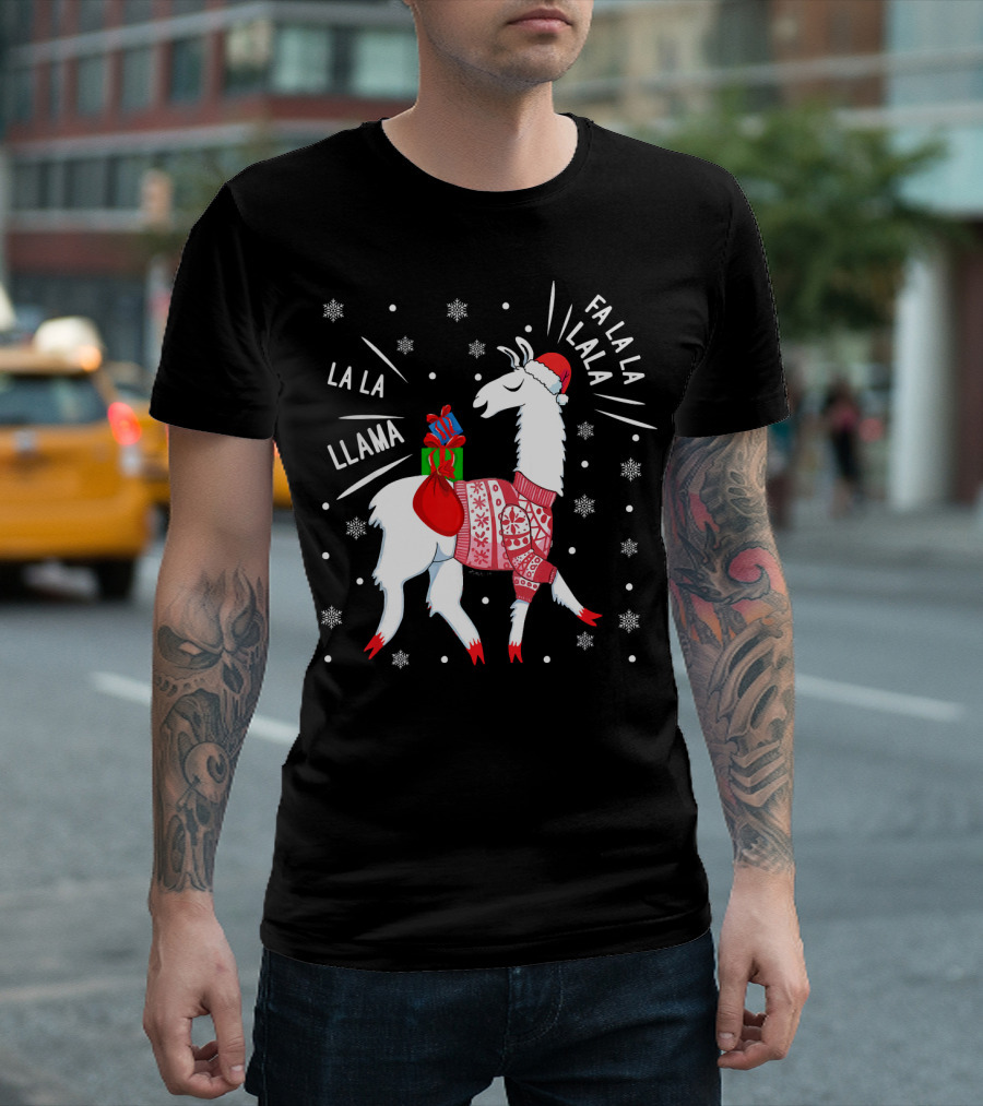 Fa La La Fa La La La La Llama Christmas Santa Hat Sweater Snowflakes T-Shirt