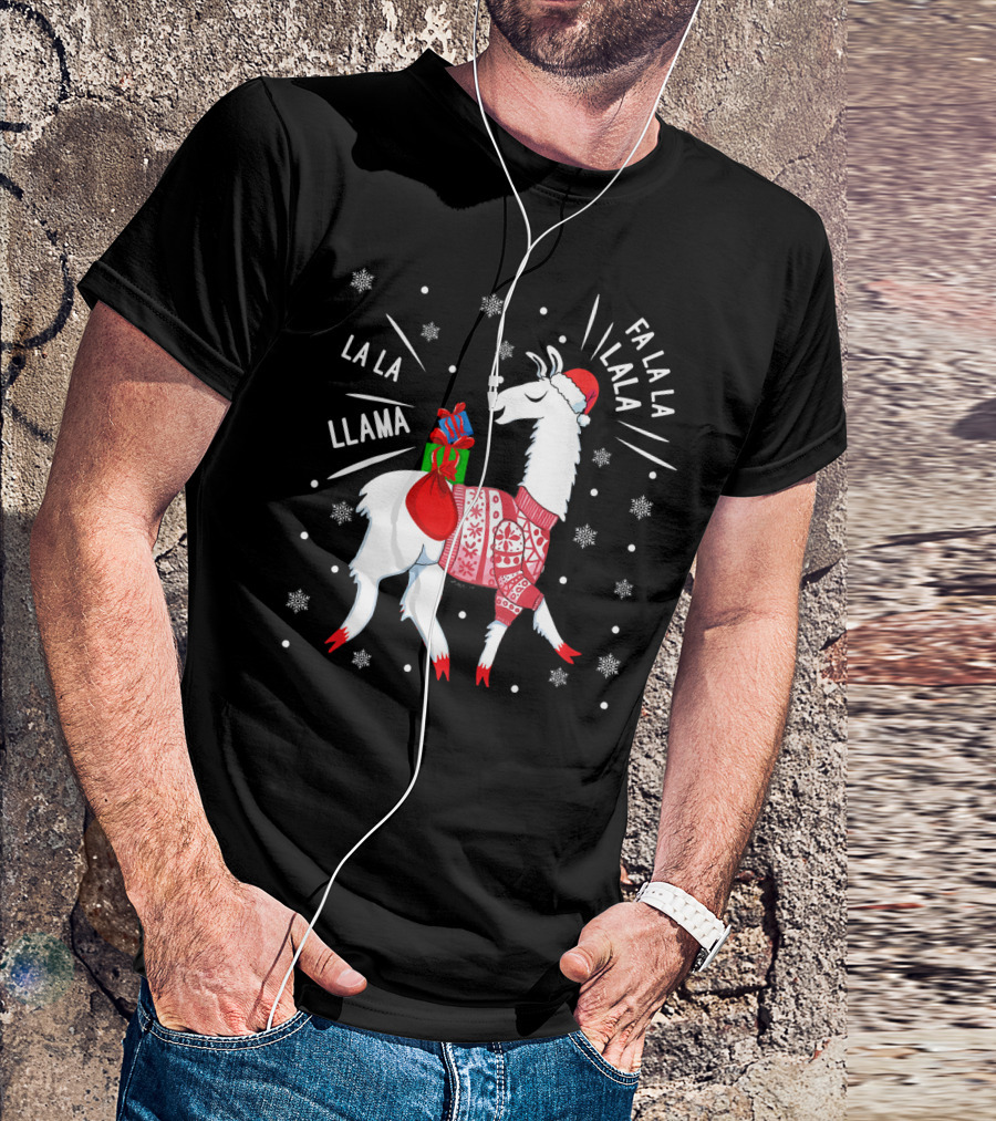 Fa La La Fa La La La La Llama Christmas Santa Hat Sweater Snowflakes T-Shirt