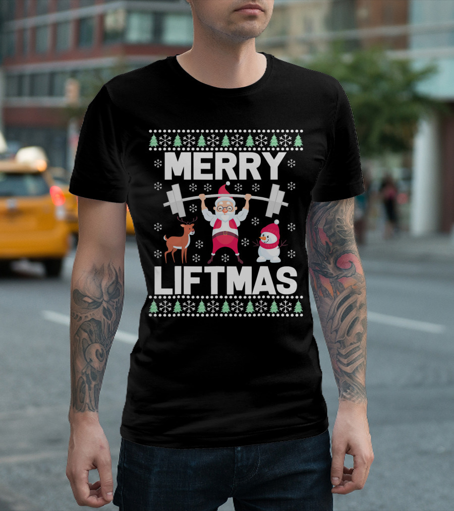 Merry Liftmas Santa Lifting Weights With Reindeer Snowman Christmas T-Shirt