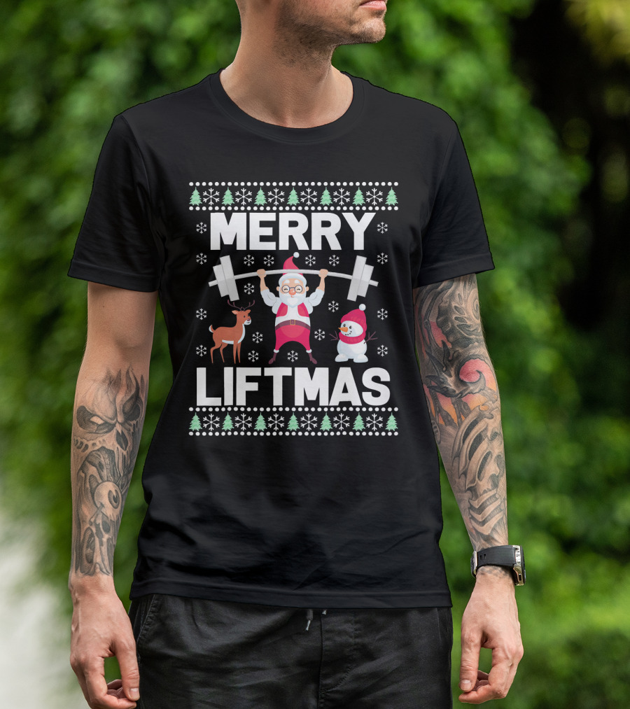 Merry Liftmas Santa Lifting Weights With Reindeer Snowman Christmas T-Shirt