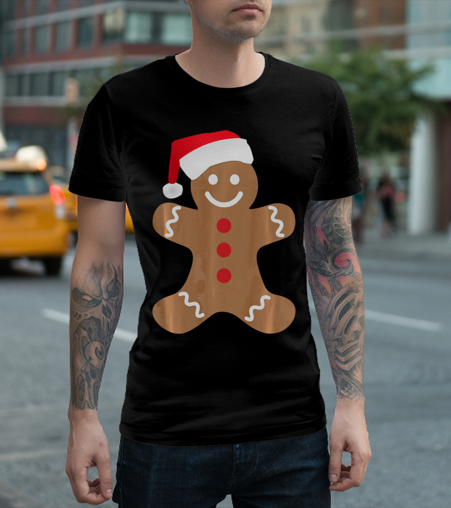 Gingerbread Man With Santa Hat Christmas T-Shirt