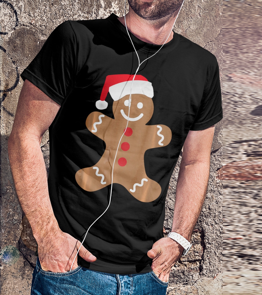 Gingerbread Man With Santa Hat Christmas T-Shirt