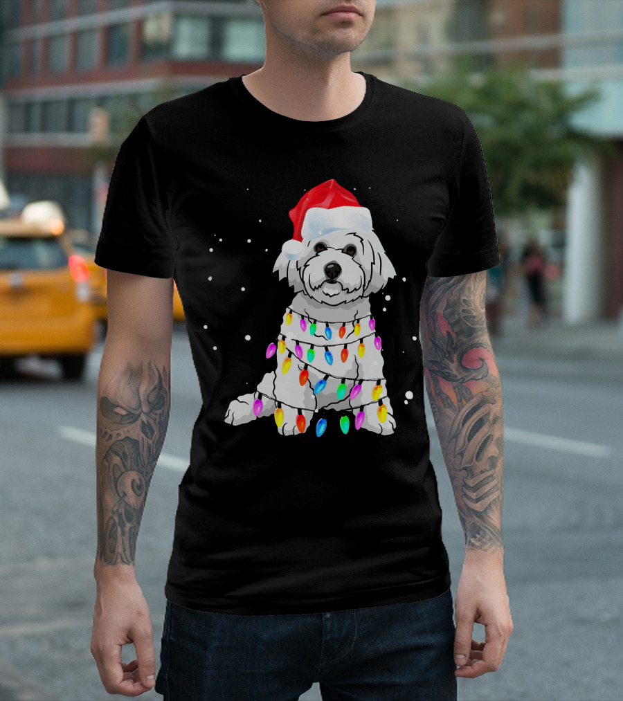 Bichon Frise with Christmas Lights and Santa Hat T-Shirt