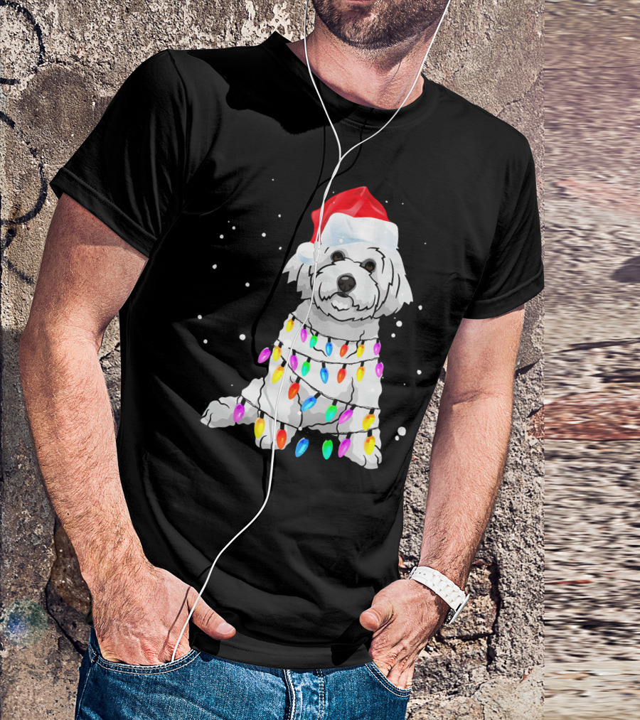 Bichon Frise With Christmas Lights And Santa Hat T-Shirt