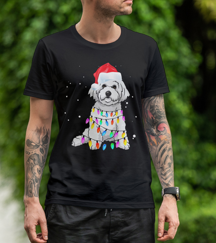 Bichon Frise With Christmas Lights And Santa Hat T-Shirt