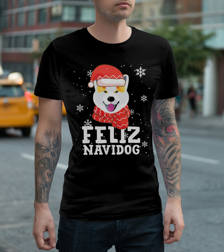 Feliz Navidog Shiba Inu Santa Hat Snowflakes T-Shirt