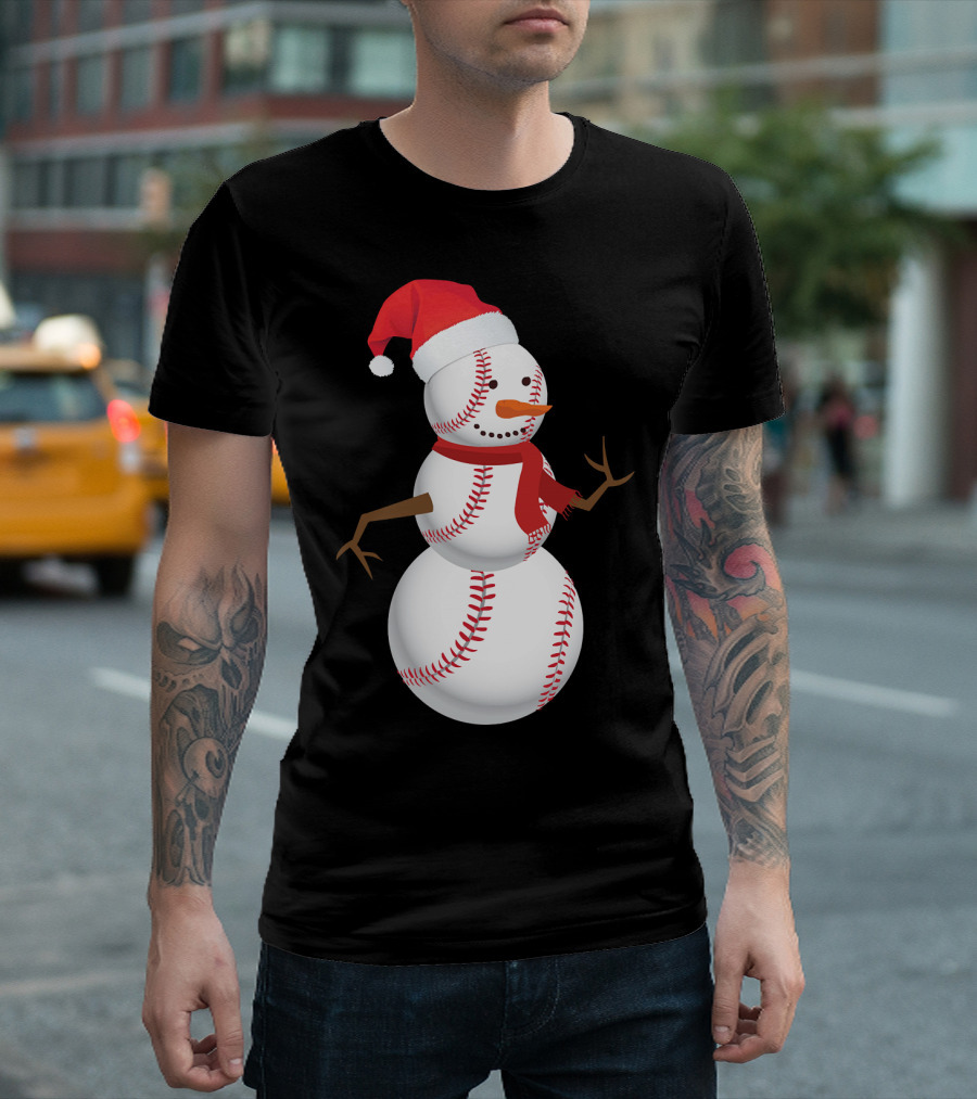 Snowman Made of Baseballs with Santa Hat and Scarf T-Shirt