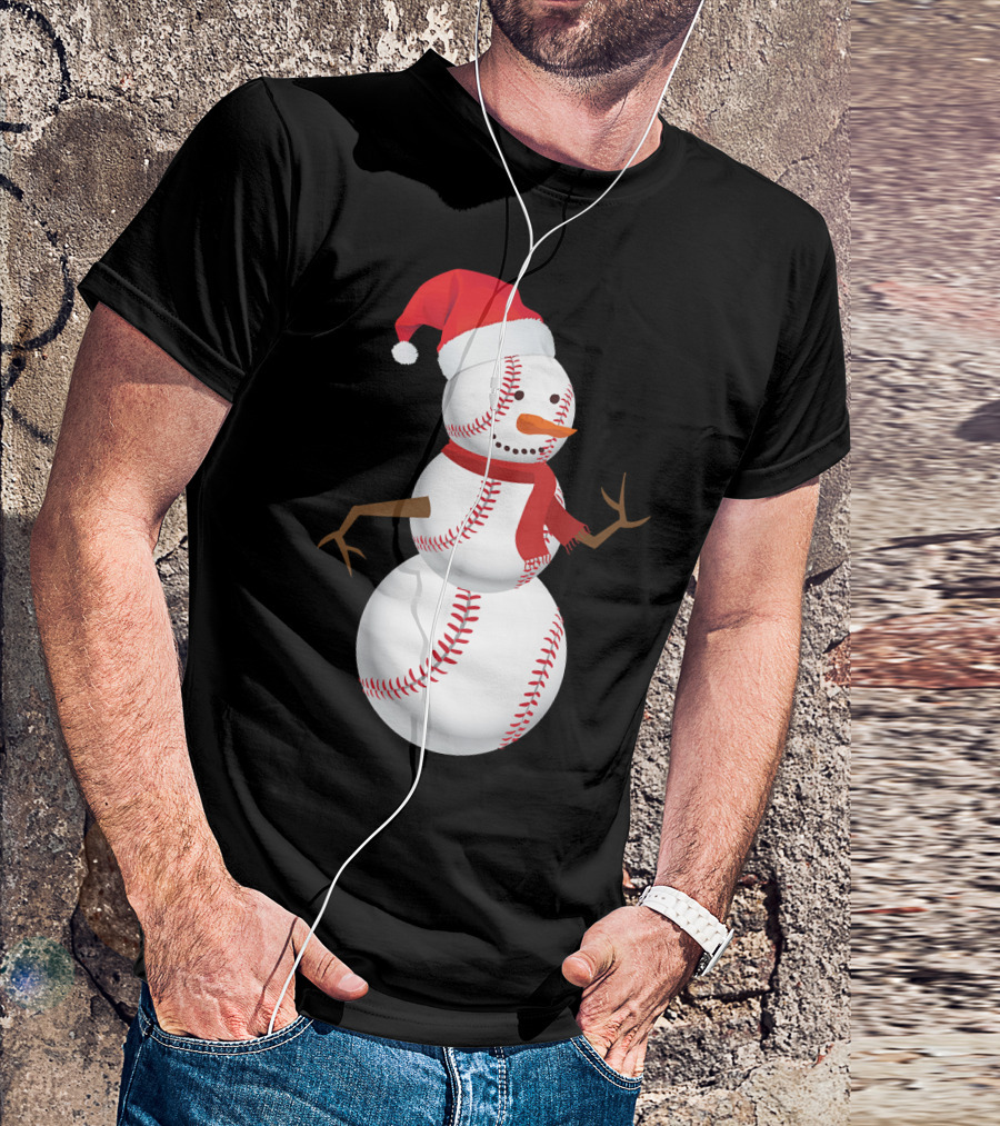 Snowman Made Of Baseballs With Santa Hat And Scarf T-Shirt