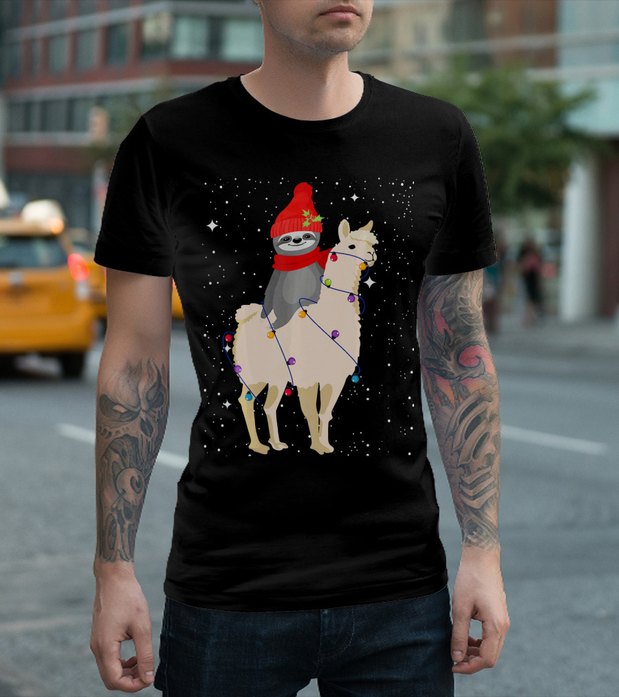 Sloth in Red Beanie and Scarf Riding Llama with Christmas Lights T-Shirt
