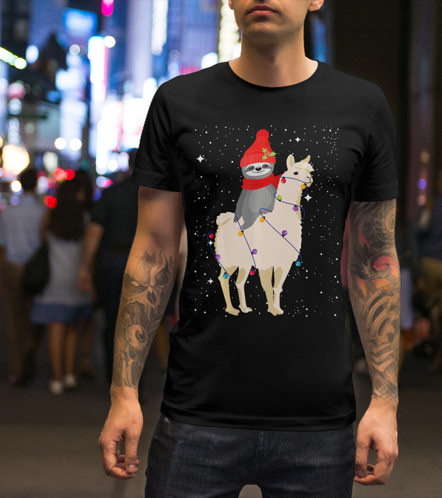 Sloth In Red Beanie And Scarf Riding Llama With Christmas Lights T-Shirt