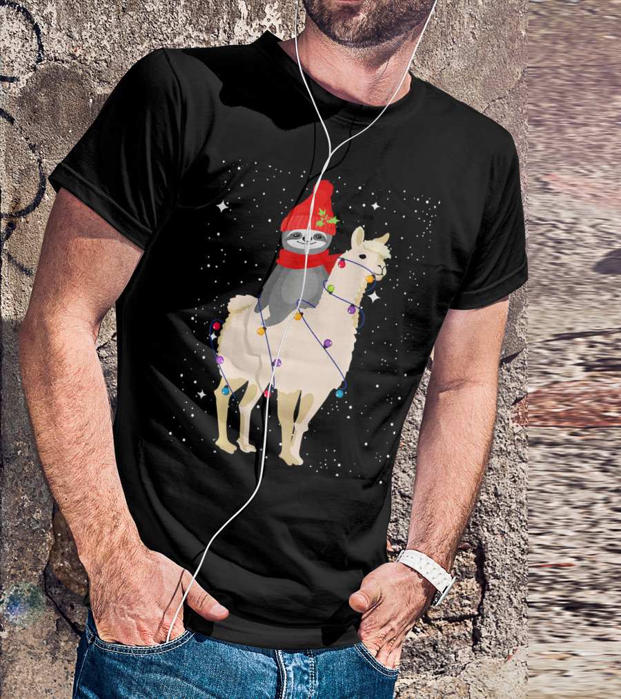 Sloth In Red Beanie And Scarf Riding Llama With Christmas Lights T-Shirt