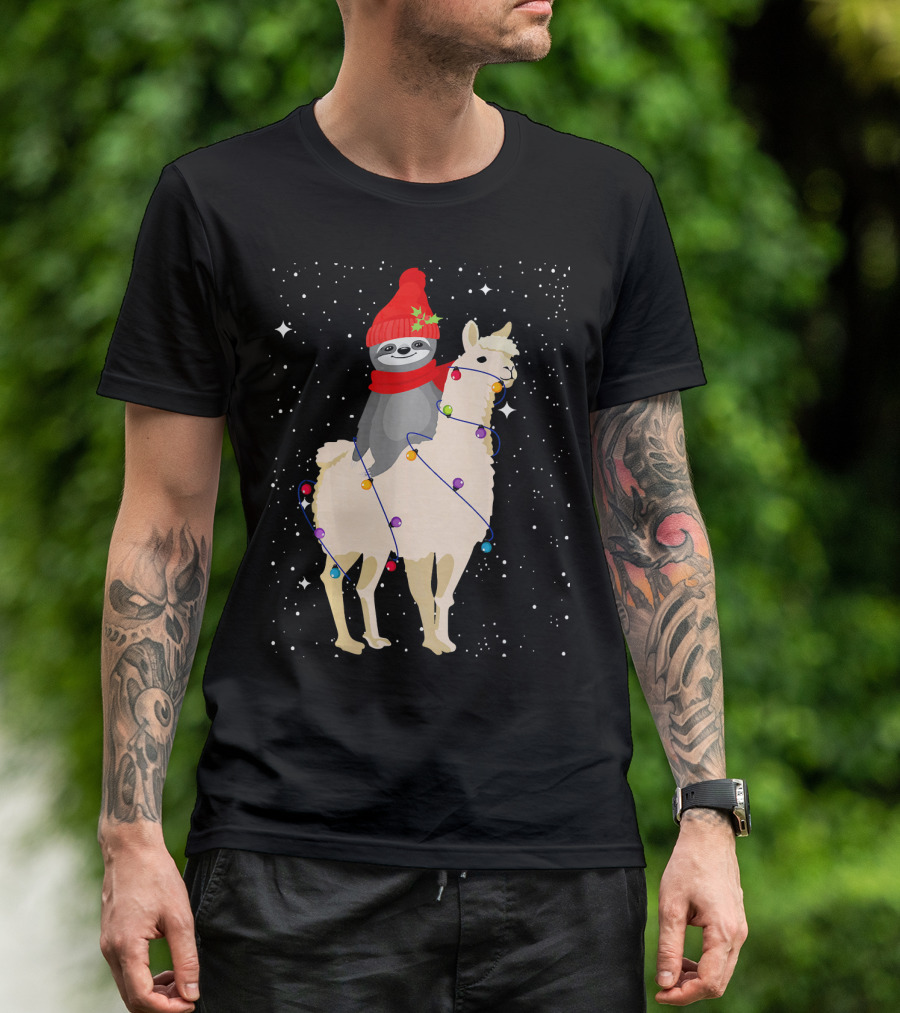 Sloth In Red Beanie And Scarf Riding Llama With Christmas Lights T-Shirt