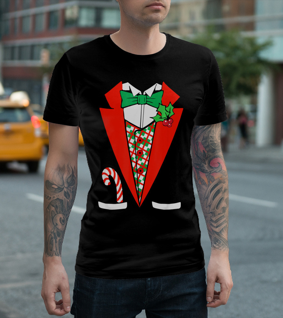 Candy Cane Green Red Tuxedo with Holly Bow Tie T-Shirt