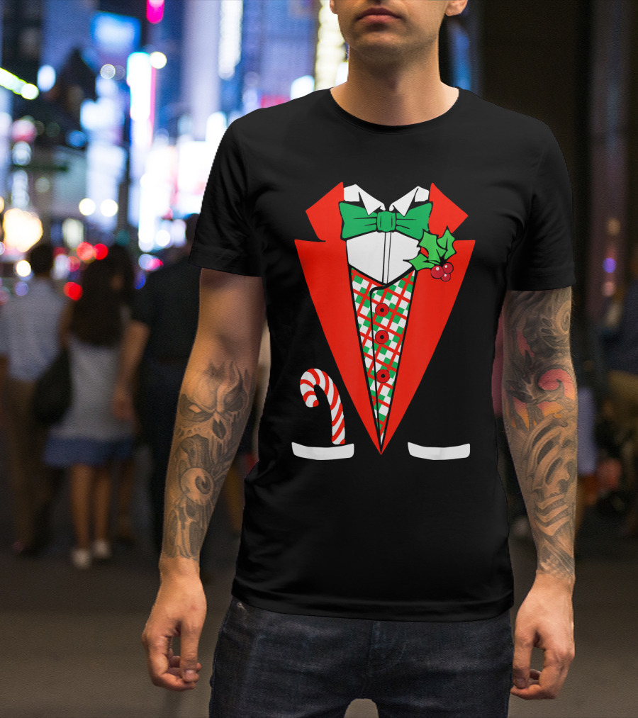 Candy Cane Green Red Tuxedo With Holly Bow Tie T-Shirt