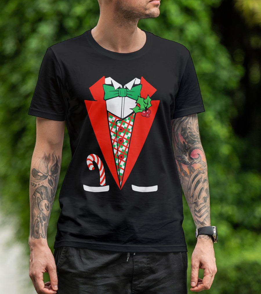 Candy Cane Green Red Tuxedo With Holly Bow Tie T-Shirt