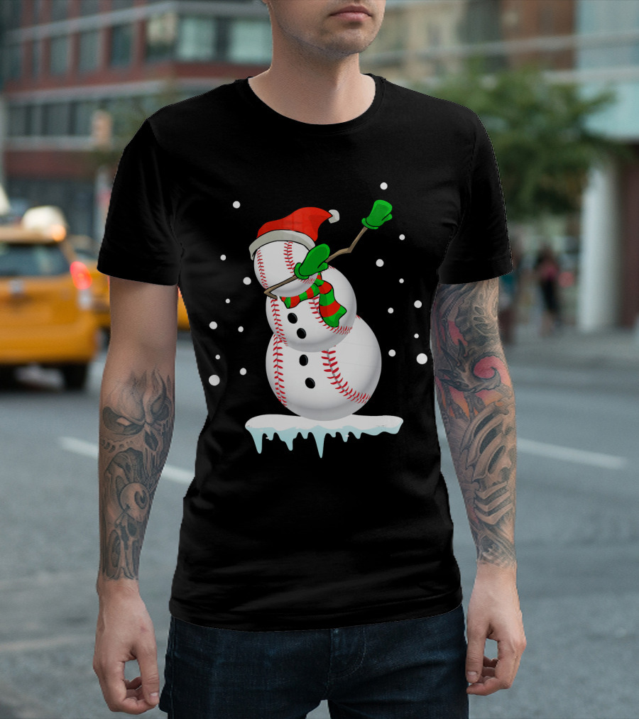 Dabbing Snowman Baseball Christmas Fun T-Shirt