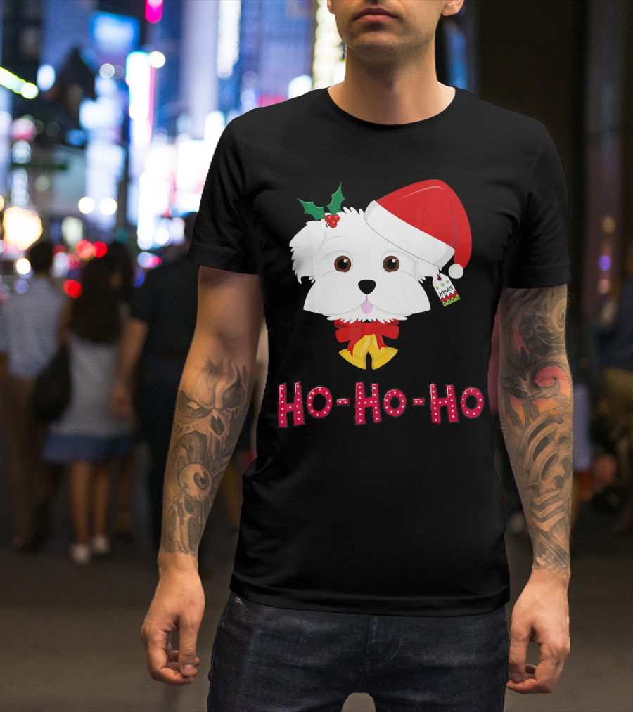 Maltese Dog In Santa Hat With Holly And Ho-Ho-Ho Text T-Shirt