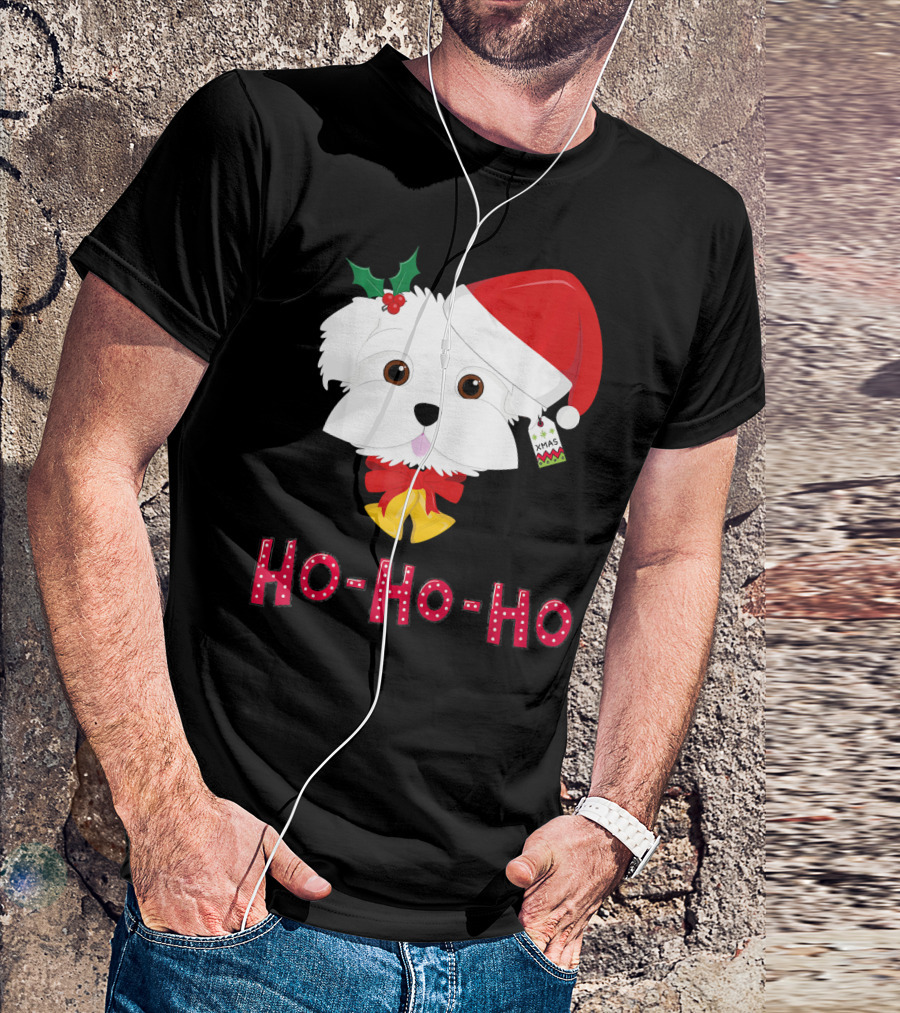 Maltese Dog In Santa Hat With Holly And Ho-Ho-Ho Text T-Shirt