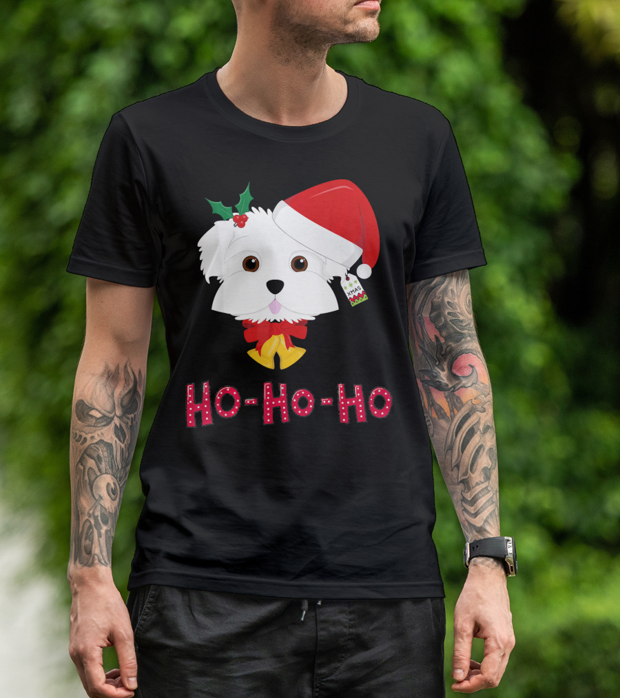 Maltese Dog In Santa Hat With Holly And Ho-Ho-Ho Text T-Shirt