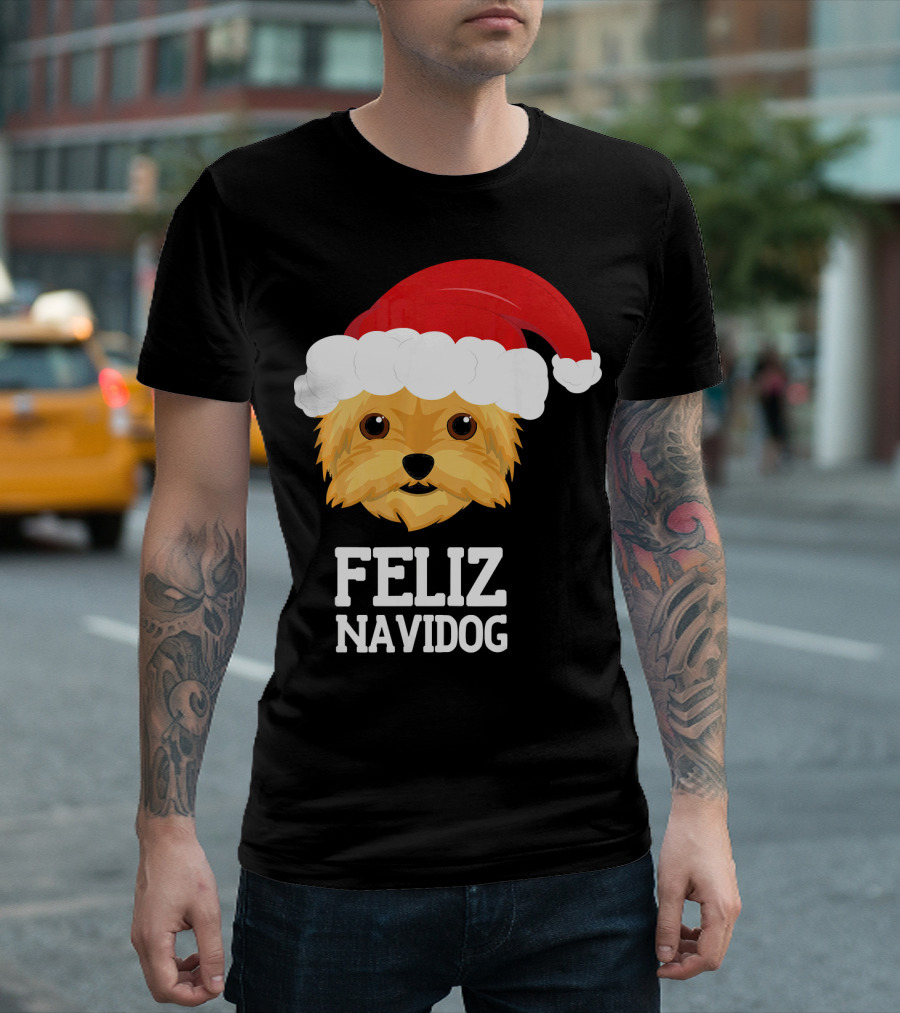 Feliz Navidog Merry Christmas Yorksh Dog Santa Hat T-Shirt