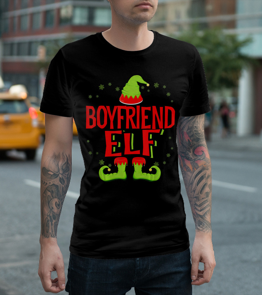 BOYFRIEND ELF Christmas Hat Boots Snowflakes T-Shirt